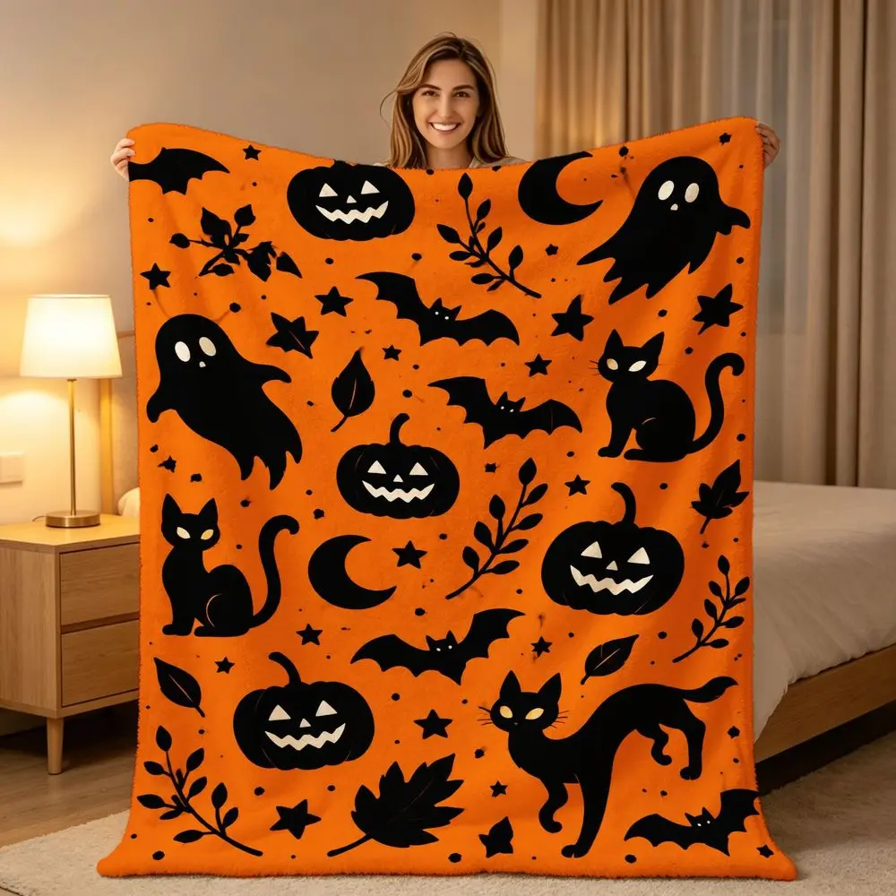 Halloween Fleece Blanket - 100% Polyester, Super Soft, Durable, Festive Print (Pumpkin-Cat-Bat), Multi-Size, 1-Piece, Fast Drying, Living Room Decorations, Cozy Setup, Indoor/Outdoor Couch/Bed Throw (Textiles & Soft Furnishings Bedding Linens)