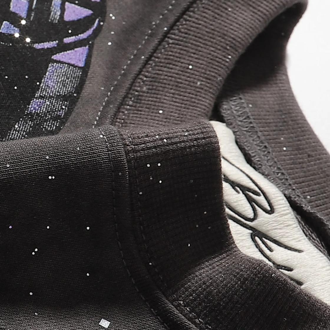 Sparkling Rhinestone Crew Neck T-Shirt, Unisex Loose Cotton Summer Tee, Plus Size, Bling Character Print, Washed Gray Full Diamond Cropped Top for Men Women