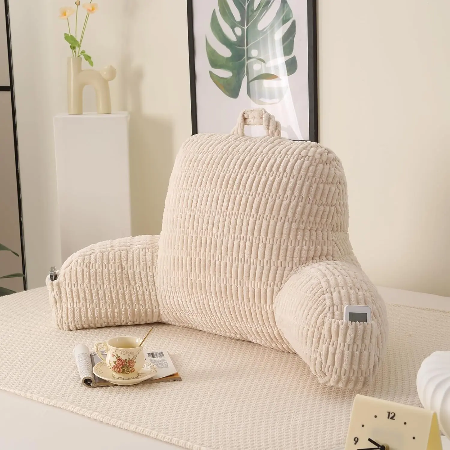Reading Pillow with Arm Rests for Sitting in Bed, 100% 7D Fiber Filling Back Support Sitting Pillow, Oeko-TEX Certified Backrest Pillow for Couch & Floor, 17" White Corduroy