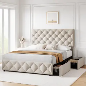 GARVEEQueen Bed Frame with Storage Drawers - Linen Upholstered Platform Bed - Adjustable Headboard & No Box Spring - Off-White Modern Bedroom Design