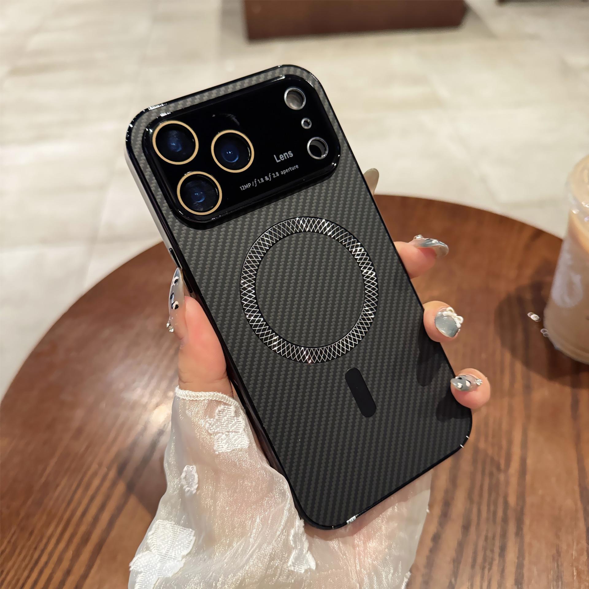 Suitable for iPhone 17 Magnetic Phone Case Rotating Stand iPhone 16 Pro Max Large Window Electroplated Fiber Texture