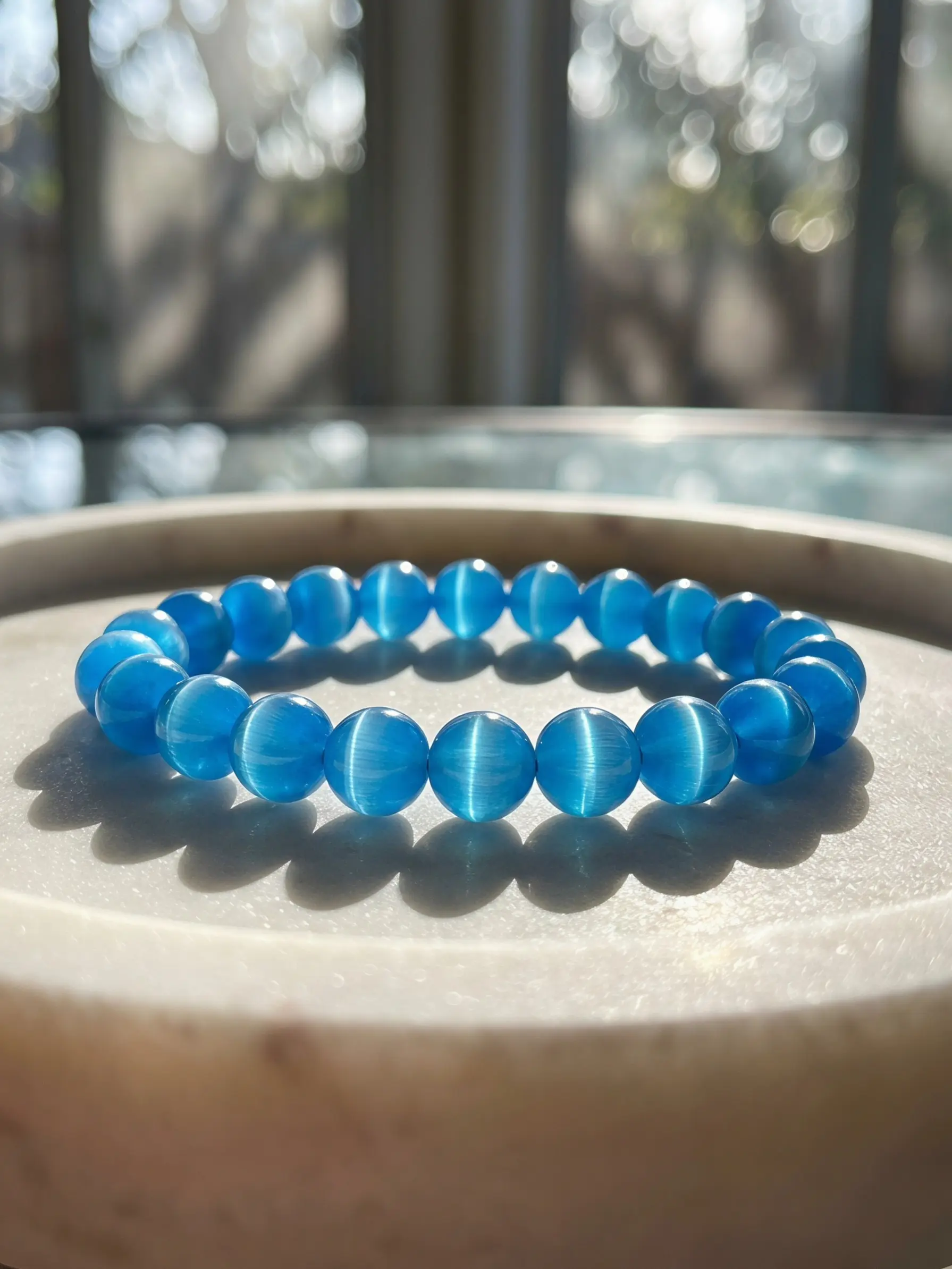 8mm Faceted K9 Light Blue Cat-Eye Beaded Stretch Bracelet, 23pcs Shiny Flash Effect, Lucky Spiritual Jewelry, Handmade Crystal Gift for Women