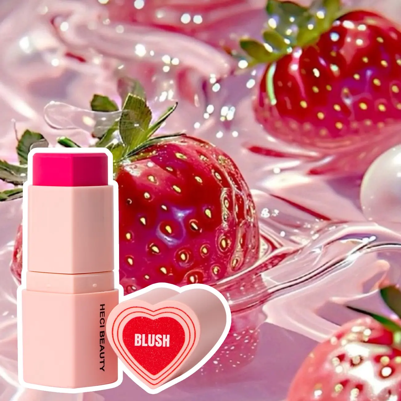 Heci Beauty Multifunctional Blush Stick, Three-In-One Makeup, Heart Shape Velvet Matte, Smooth Lightweight, Hydrating, Easy Blend, Rose, Champagne Highlighter