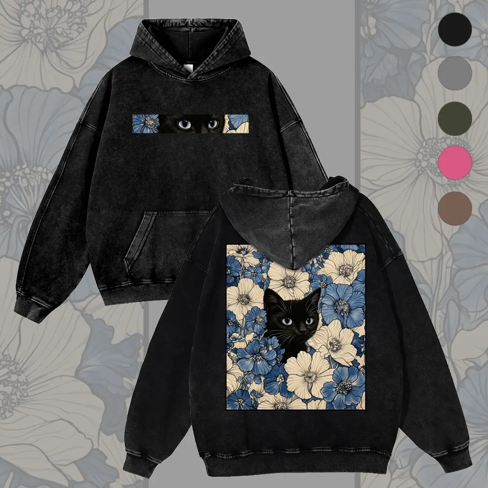 Men's Japanese Style "Cat in the Flowers" Double-Sided DTG Printed 380g Vintage Washed Hoodie Top, Spring-Fit Jeans-Matching Sweatshirt with Premium Fabric, Tops, Casual, Cotton, Floral, Long Sleeve
