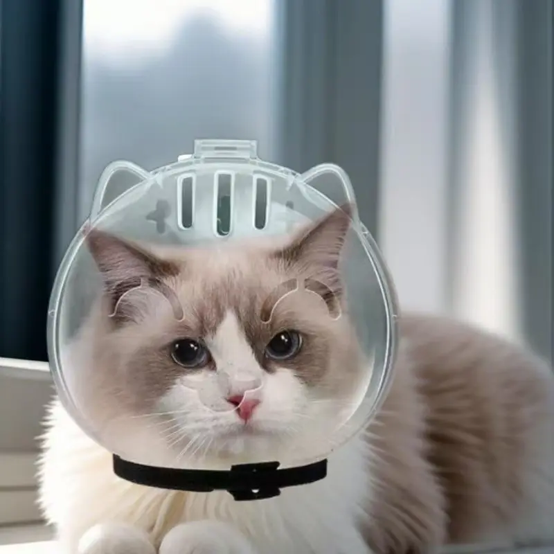 Pressure Free Breathable Cat Helmet - Anti-Bite and Anti-Lick, Adjustable Cat Helmet, Clear Pet Space Headgear for Bathing and Grooming