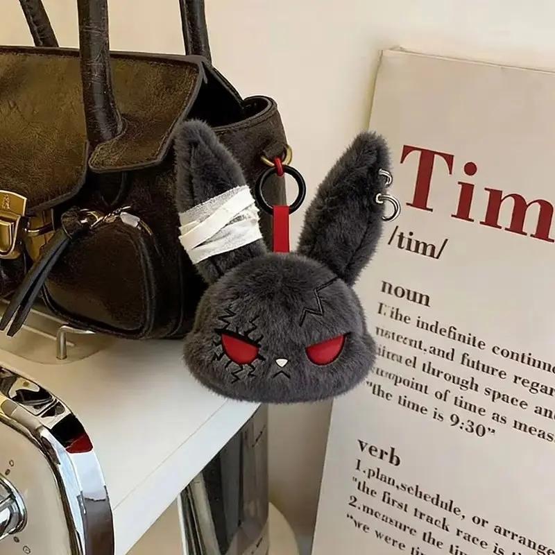 Gothic Bunny Plush Keychain RabbitBag Charm with Bandage Desian Kawaii Key Ring Pendant Car Bag Ornament Girl Child Gift To