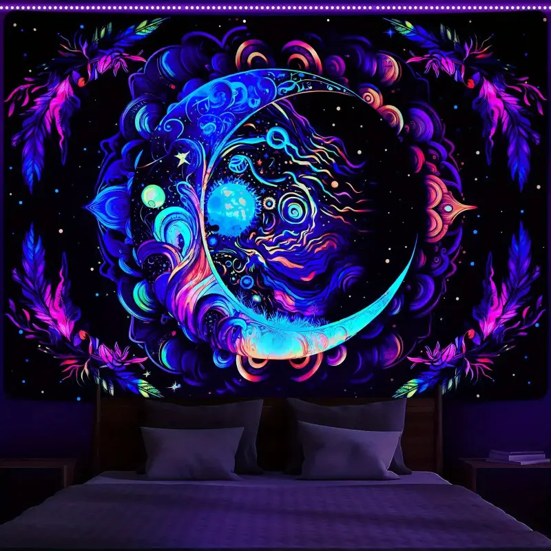 Neon,Tapestry Wall Hanging,Bohemian,Sun,UV Reactive Black Light Print Tapestry, Polyester Knit Moon Mandala Boho Mystic Aesthetic Wall Hanging, Horizontal Home Backdrop, Bedroom Dorm , Signature Art Mural Gift Personalized Wall  decorative decor foot outd
