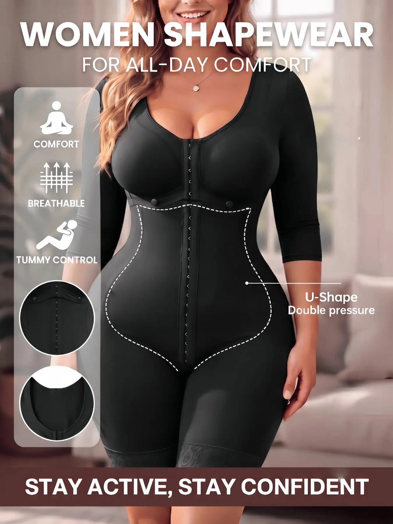 1 Count Women's Sexy Tummy Control & Butt Lifting 3/4 Sleeve Bodysuit with Lace Trim, Fajas, U-Shape Double Pressure Waist Shaping Design Shapewear, Push-Up Breast Support Jumpsuit, Colombian Shapewear, Ideal for Fitness & Office Work & Party Yoga