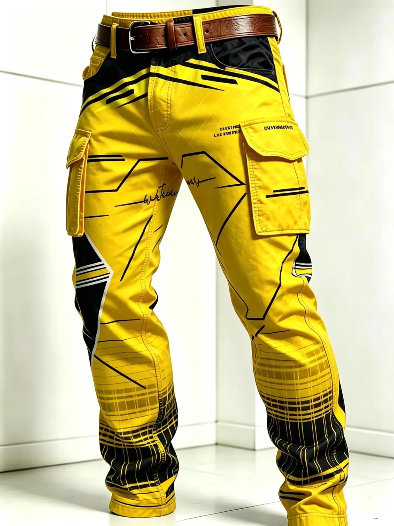 Men's Digital Print Cargo Pants, Cyberpunk Style Multi-Pocket Straight Leg Long Pants, Outdoor Daily Commute Wear, No Belt Included