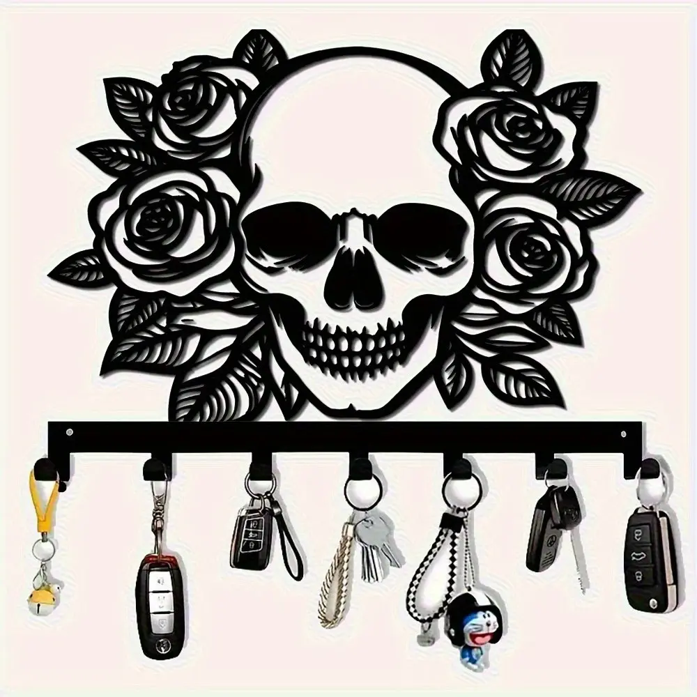 Gothic Style Wall-Mounted Key Rack, Skull and Rose Pattern, Cast Iron, Rust-Resistant Hook, Victorian Home Storage