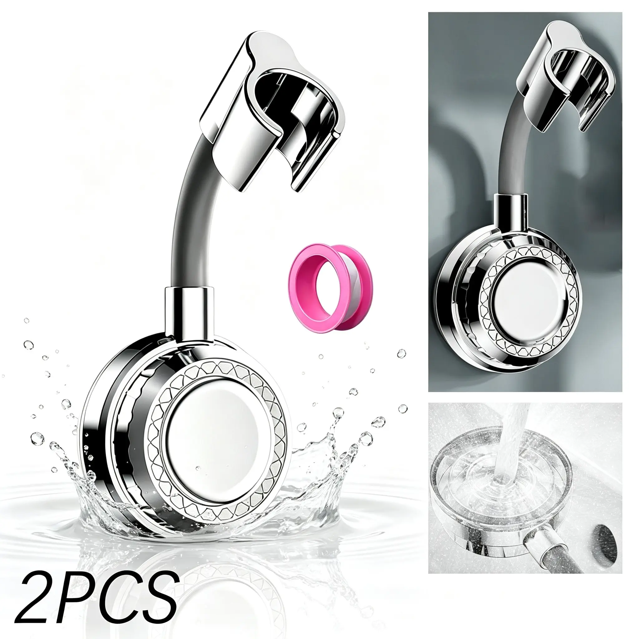 Adjustable Shower Head Holder, 360° Rotating Adhesive Shower Bracket, No Drilling Wall Mount, Includes Ptfe Tape for Bathroom Use