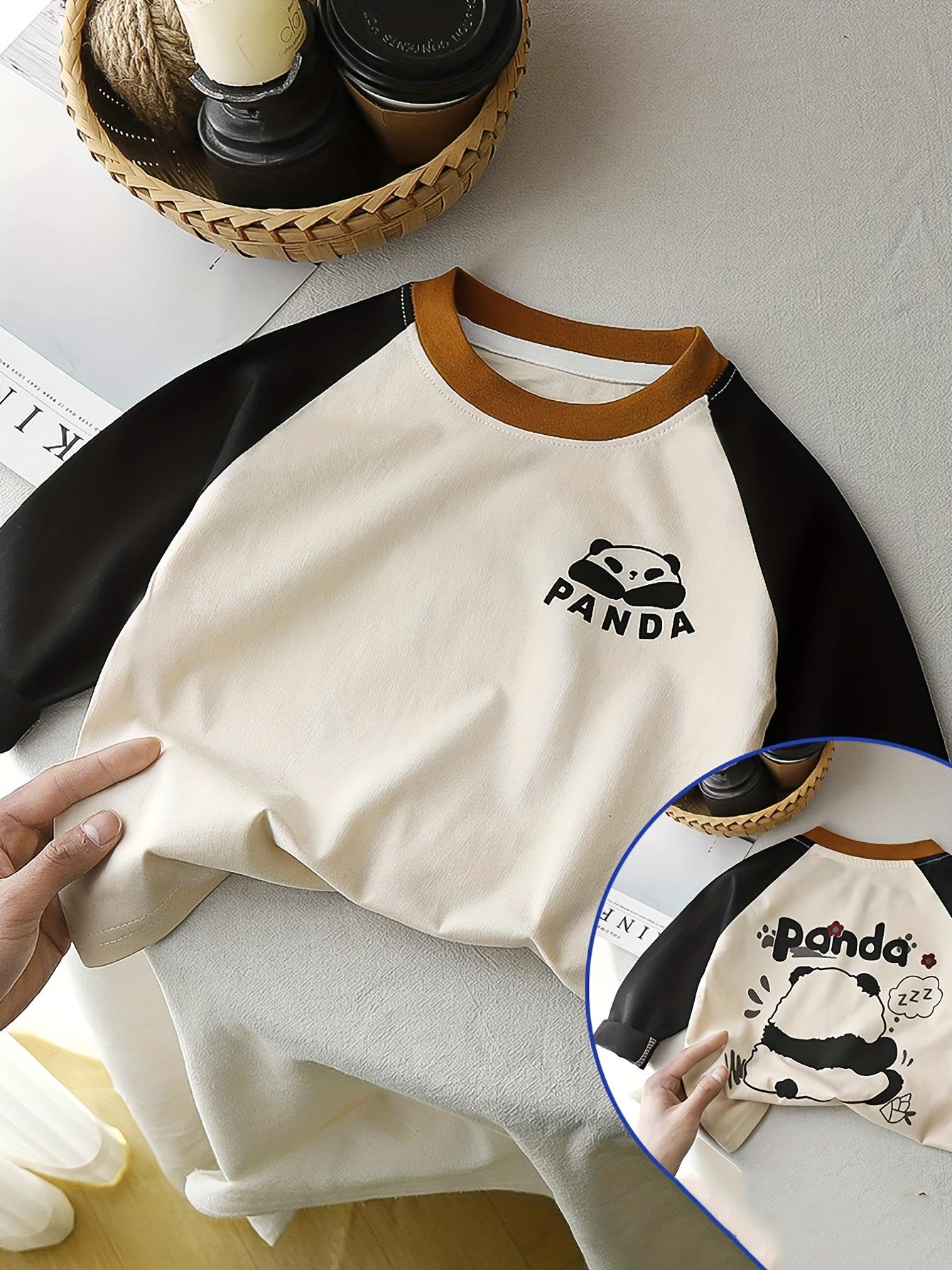 New1pc & Korean-Style Cute Panda Print T-Shirt with Raglan Sleeves - Korean Fashion Color-Block Round Neck Loose Fit Top, Panda & Korean Lettering Design (No Letters on ' Version), Spring/Fall Outfits, Casual