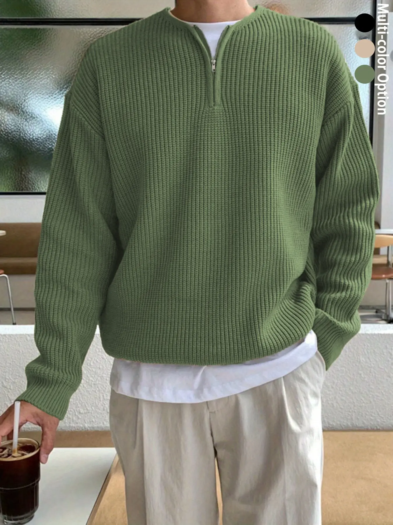 Men's Half Zip Sweater Long Sleeve Quarter Zip Waffle Knit Pullover, Solid Color Ribbed Cuffs Hem Relaxed Drop Shoulder Warm Soft Cozy Knitwear, Fall Winter Casual Streetwear Old Money Minimalist Tops For Men, Daily Commute Date Campus Travel