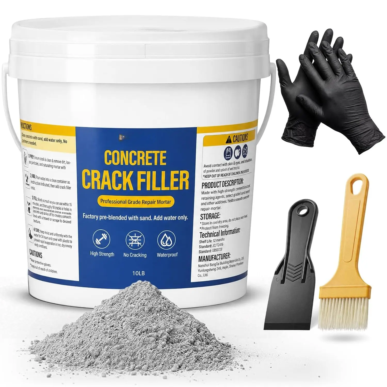 Concrete Crack Filler Heavy-Duty Dry Granular Mortar Repair Kit, 10 lb Gray | Quartz Sand Formula; Hole Filling; Indoor and Outdoor Use; Driveways, Walkways and Patios; Scraper, Brush and Gloves Included