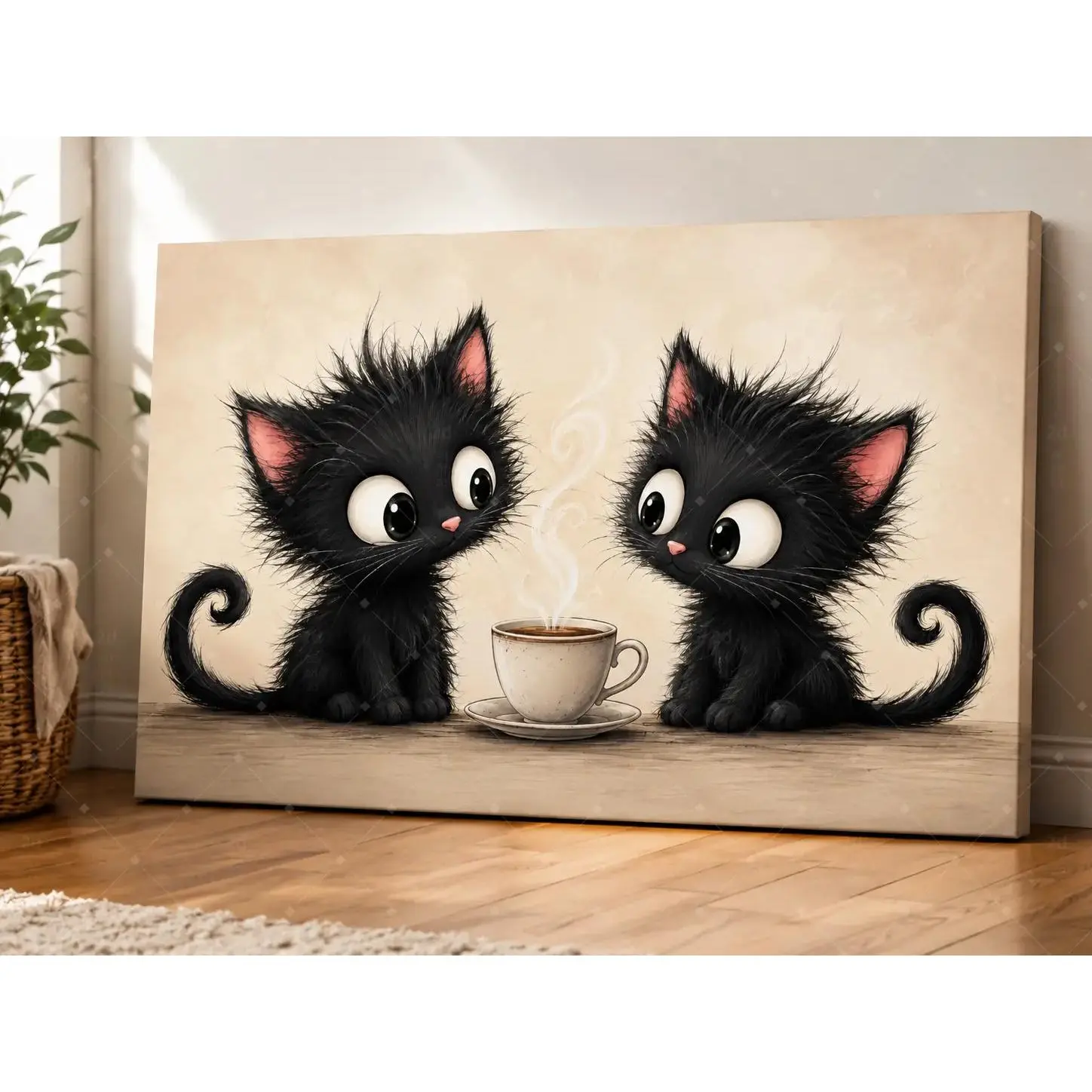 Trendy Decor Poster Print, Cute Fluffy Black Kittens Coffee Cup Canvas Wall Art, Warm Neutral Cartoon Cat Painting For Bedroom Cafe Kitchen Nursery Living Room Apartment Wall Decor, Available as Unframed Canvas Poster or Framed Canvas Wrap