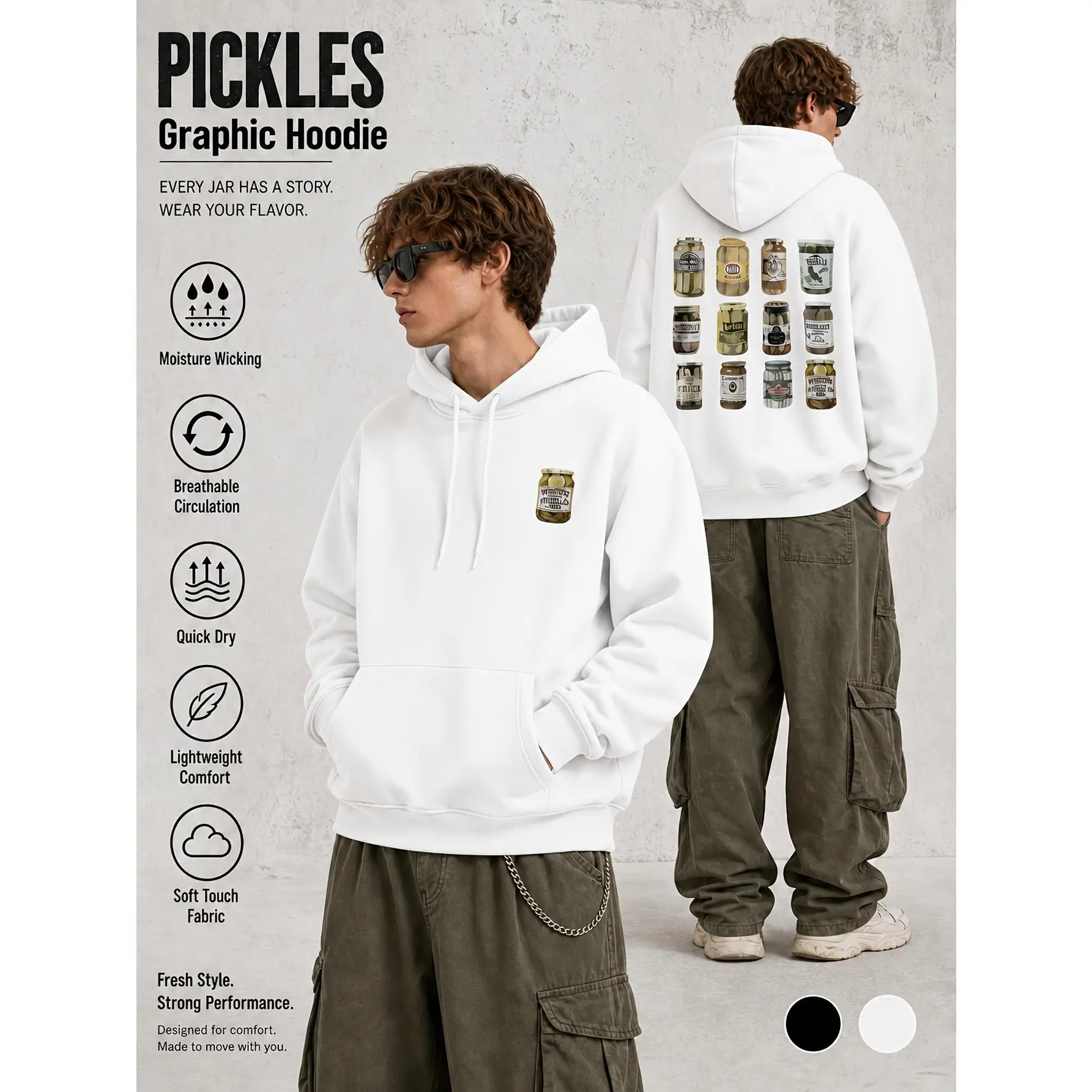 Fun pickle jar print oversized hooded sweatshirt. Features a single small pickle jar graphic on the front and a combination of retro pickle jar prints on the back. Made of soft, quick-drying, and breathable fabric, this retro American-style design is a fr