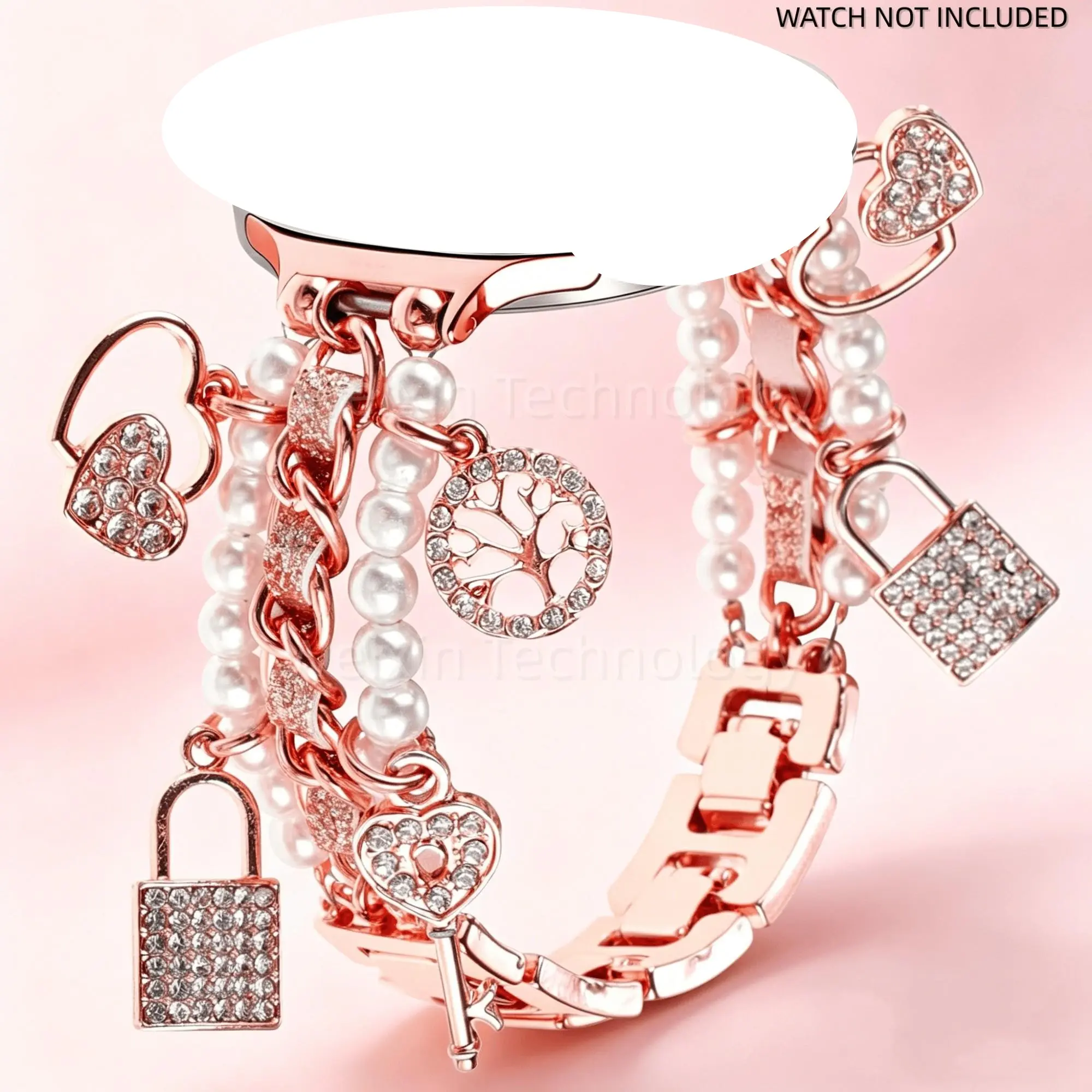 Pearl chain bracelet compatible with Samsung Galaxy Watch 8 strap 40/44mm and Watch8 Classic 46mm, Smart watch accessories, with pearl metal linked strap for women, with adjustable heart-shaped pendant strap, Wearable Accessory
