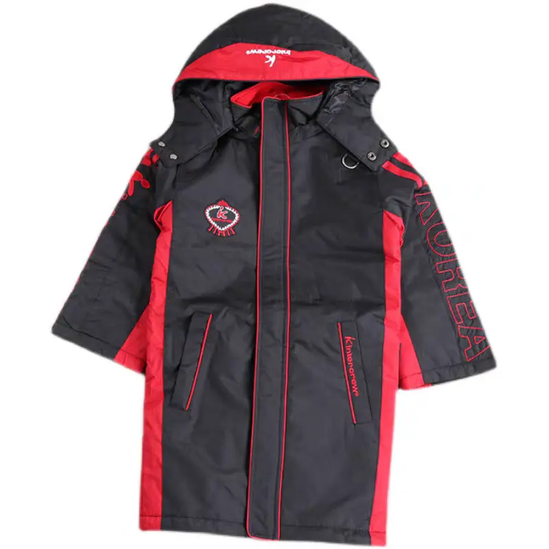Kids Color Block Hooded Windbreaker Jacket, Black Red Contrast Outdoor Coat, Embroidery Logo Zip Up Outerwear, Windproof Casual Hooded Parka For Boys Daily Outdoor Activities
