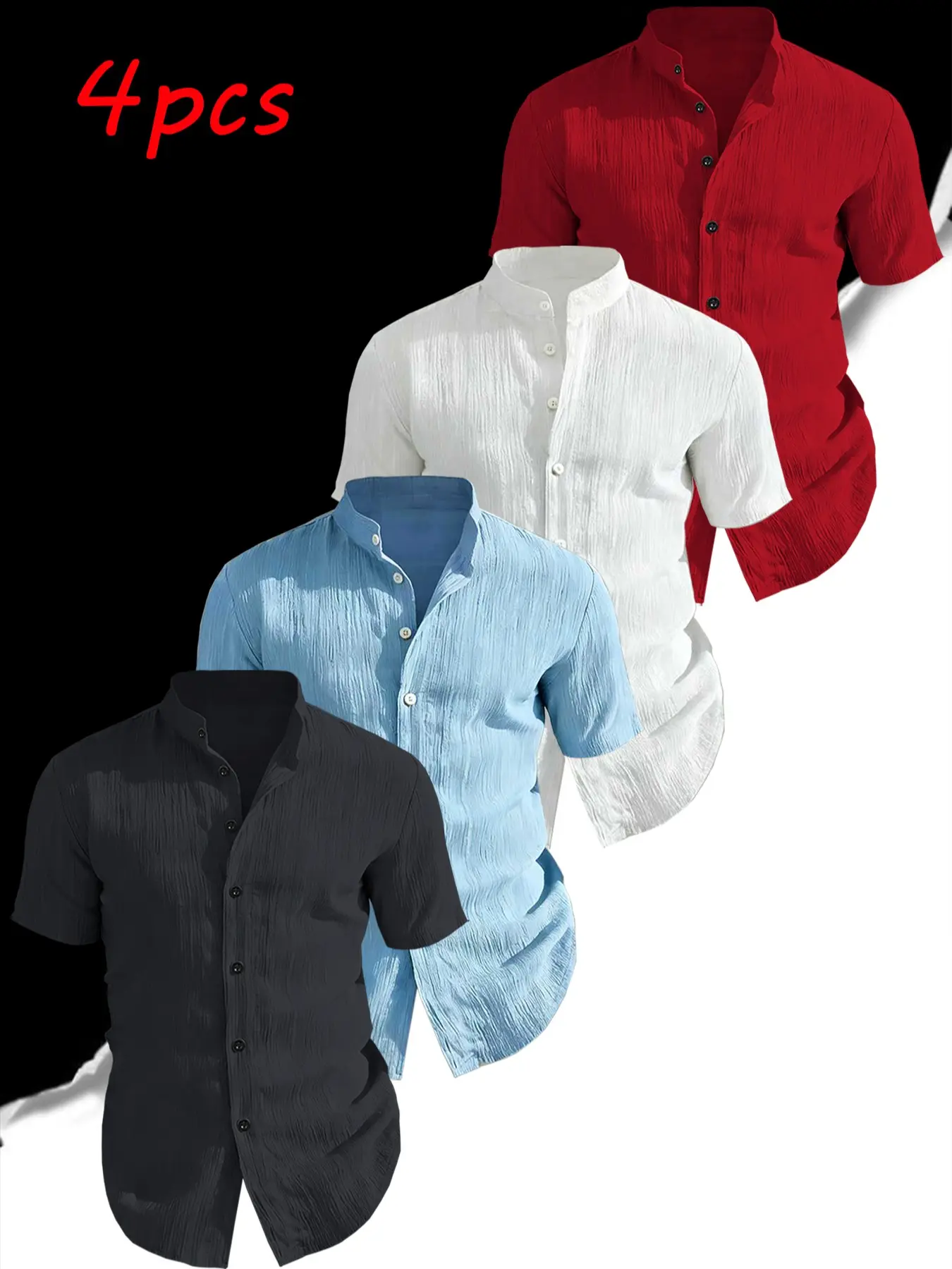 4-Pack Men's Summer Short Sleeve Casual Shirts, Solid Color, Lightweight Breathable, Stand Collar Button Shirt, Ideal for Beach Poolwear
