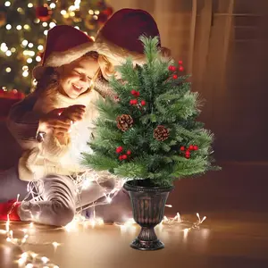 2/3ft Pre-Lit Artificial Mini Christmas Tree, 24/36" Tabletop Xmas Tree with Warm White Lights & Pine Cones, Holiday Decor for Desk, Office, Mantle