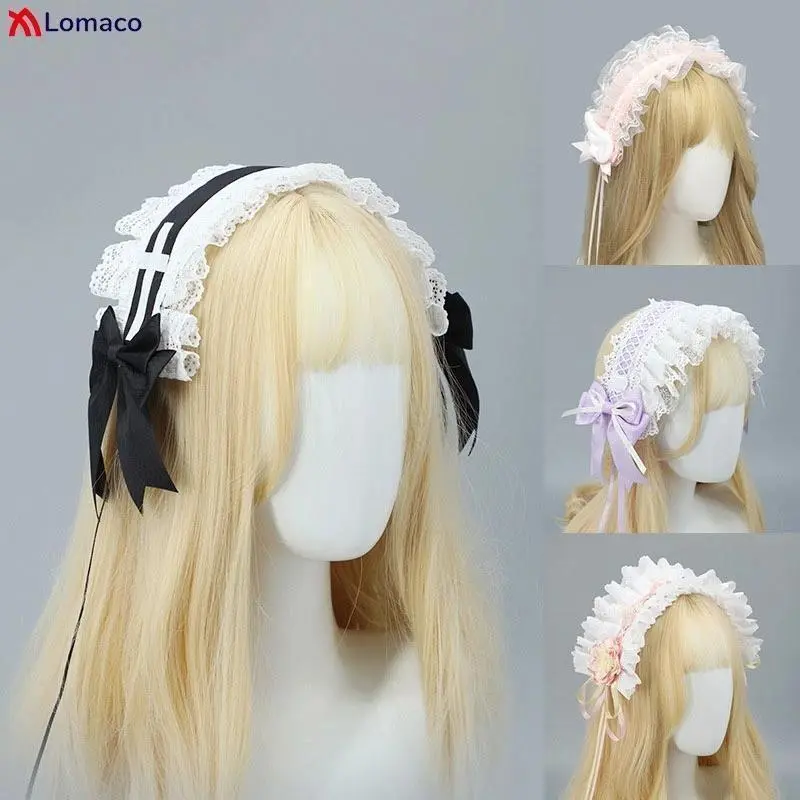 2026 hot item Sweet Lolita Ruffled Lace Ribbon Bow Hairband with Hairpins Anime Maid Cosplay Headdress Headband Women Halloween Party Headwear