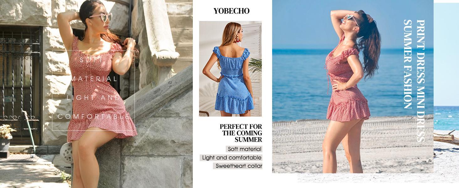 Beotyshow Women's Summer Ruffle Sleeve Sweetheart Neckline Printing Dress Mini Dress