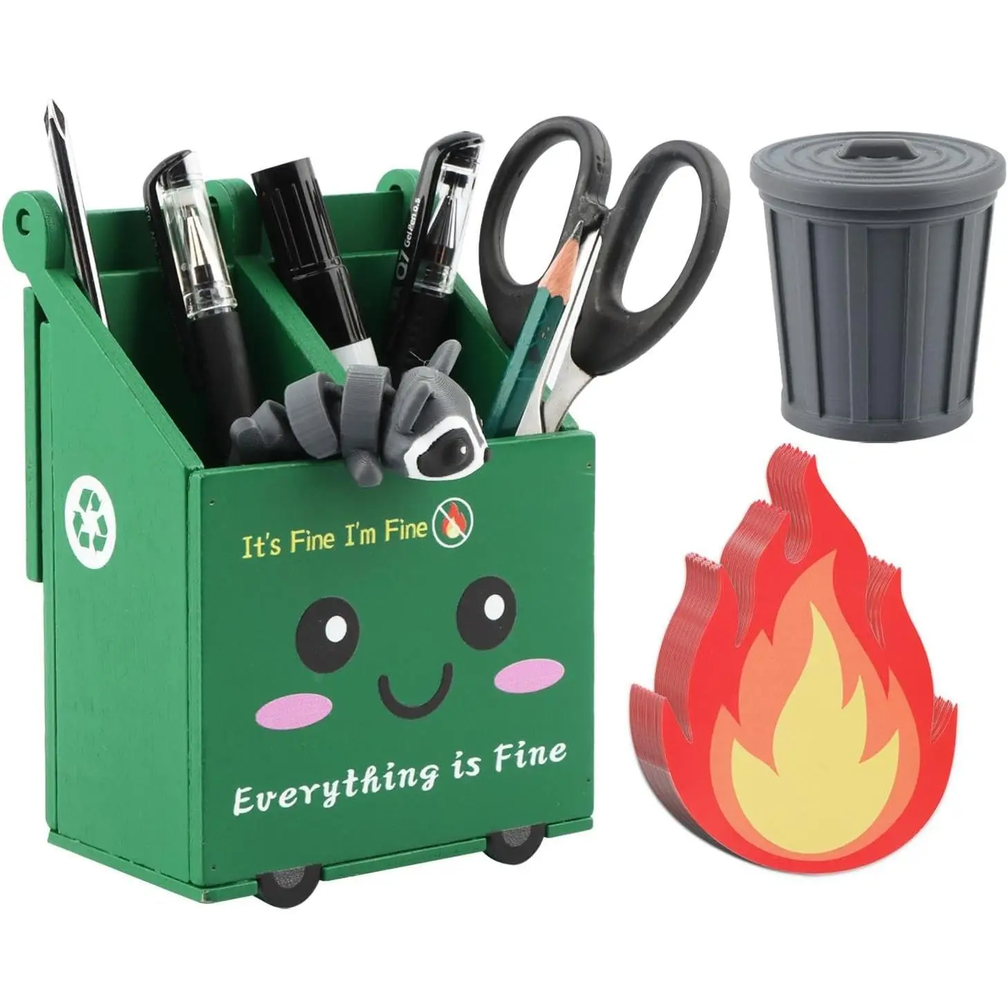 Desk Dumpster Pencil Holder with 50 Flame Note Cards and Mini , Funny Office Desk Decor, Trash Can Pen Organizer, White Elephant  for Coworkers, Teachers and