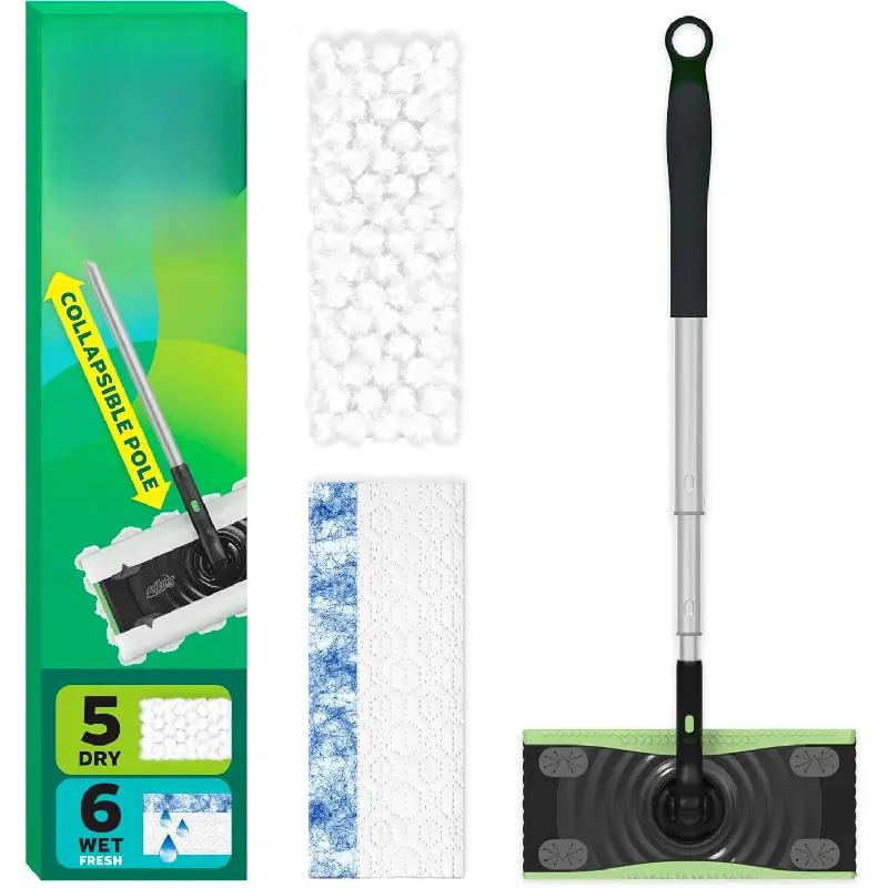 2-in-1 Dry Sweeping & Wet Mopping Floor Cleaning Kit Black, Multi Surface Floor Sweeper Device Complete Set with 5 Dry Cloths and 6 Heavy-Duty Mop Pads, Lightweight Floor Cleaner Tool for Hardwood Laminate Tile Floors Apartment Bedroom Kitchen Daily House