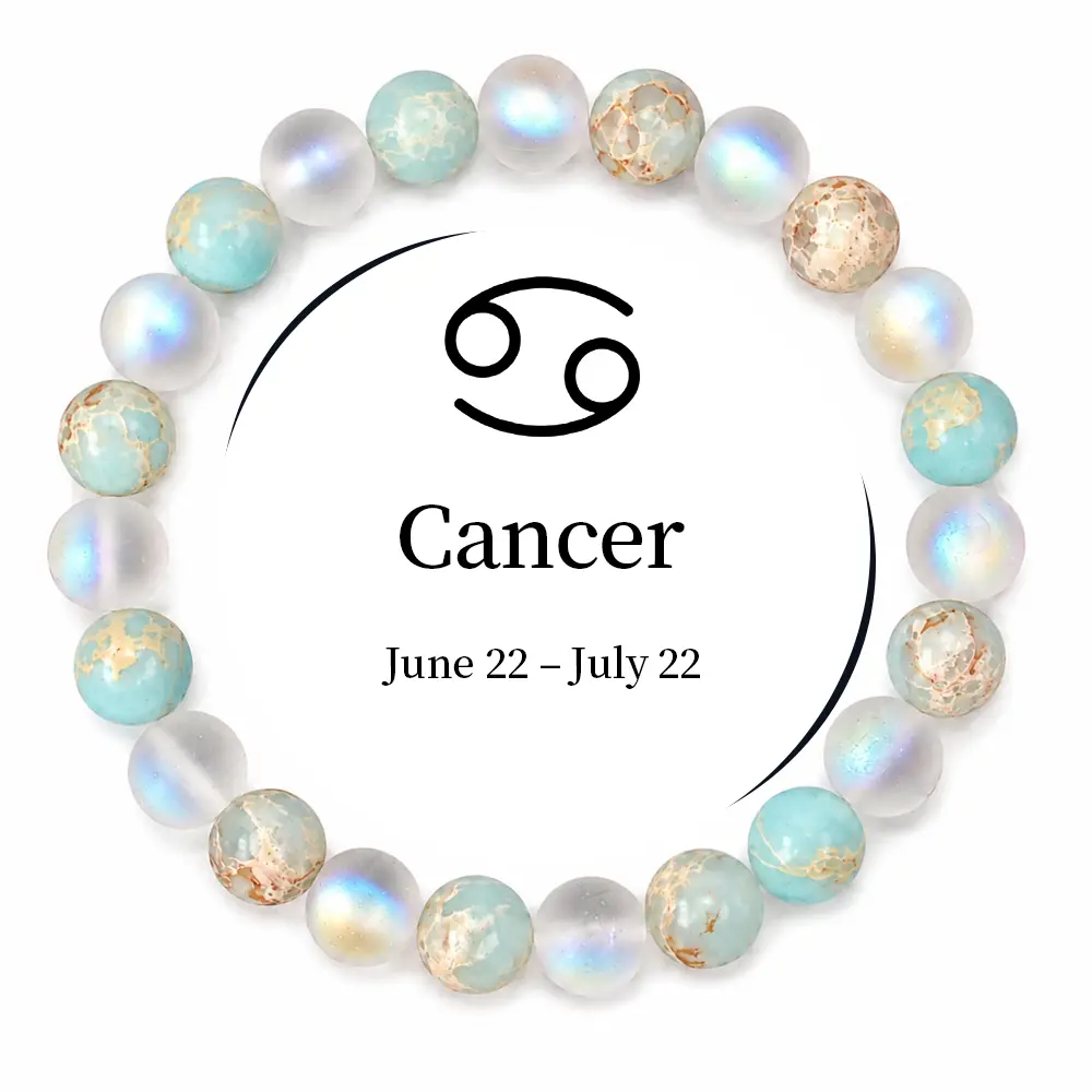 Cancer Zodiac Emotional Balance Healing Crystal Bracelet, Light Blue Pearlescent Textured Round Beaded Bracelet, Unisex Boho Energy Bracelet for Inner Peace & Anxiety Relief, June 22-July 22 Cancer Constellation Protective Amulet, Minimalist Daily Stackab