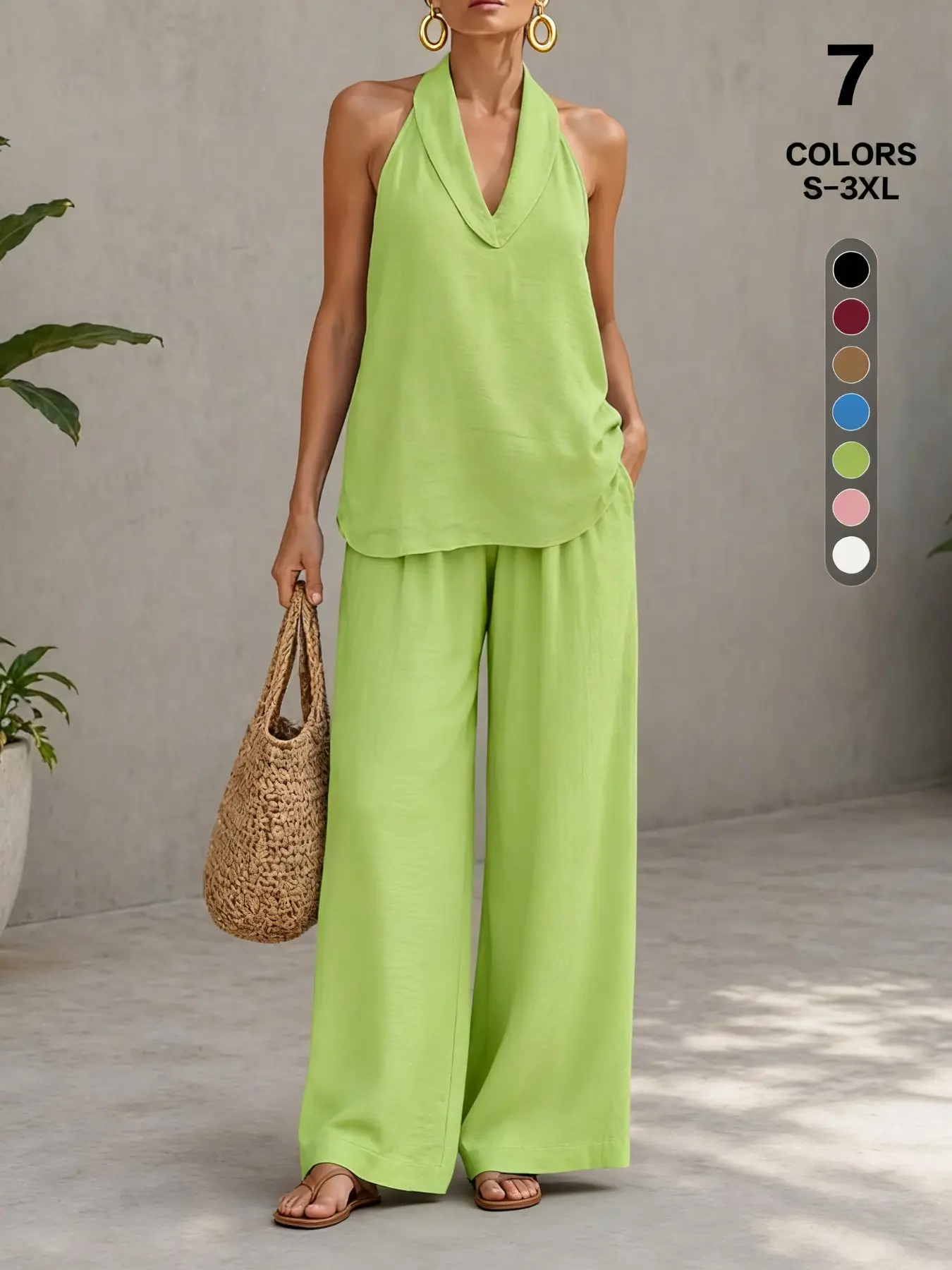 Comfy Chic Women's Summer Faux Linen Halter  V-Neck Top & High Waist Wide Leg Baggy Pants Set - Breathable Everyday Urban Lounge Wear for Going Out