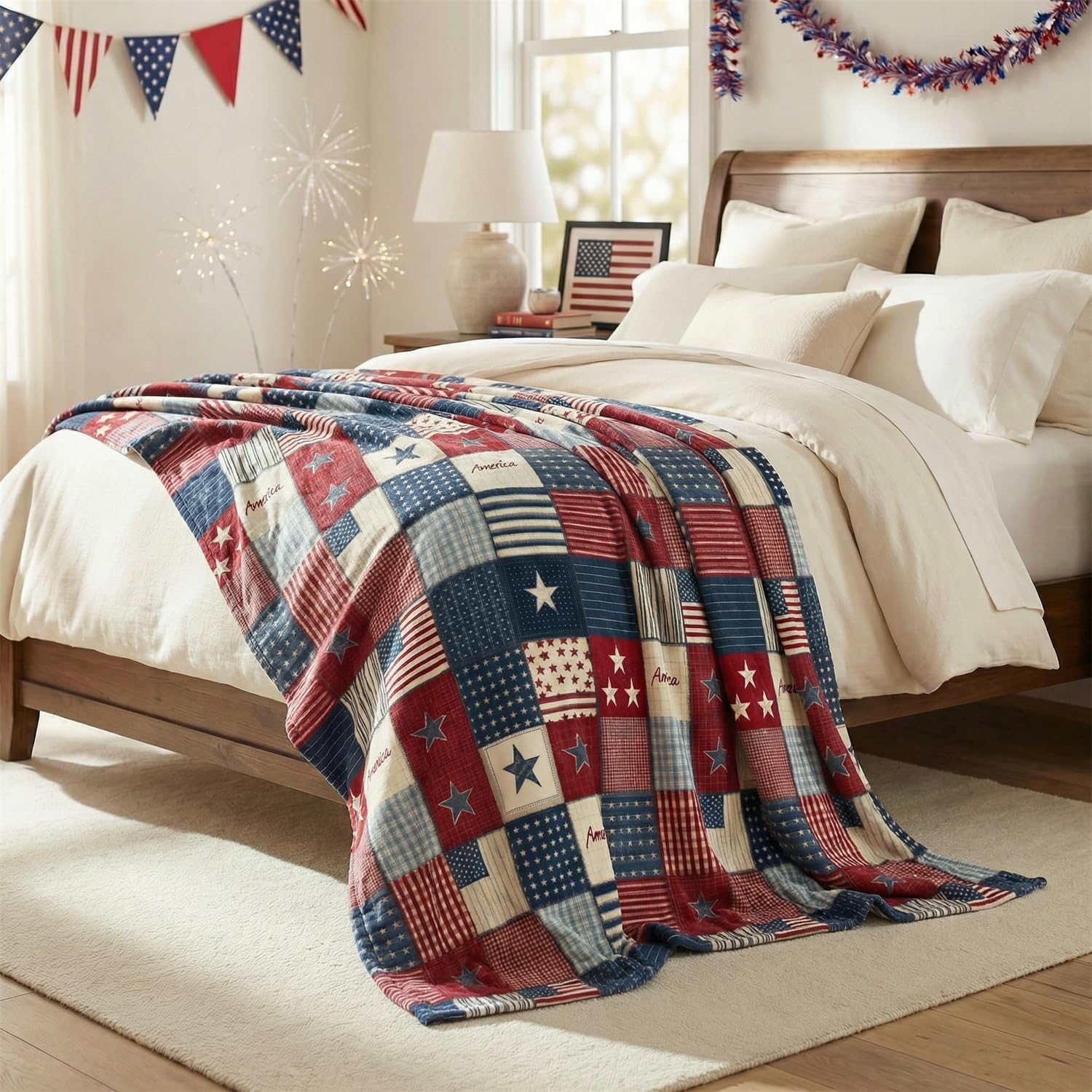 Horaldaily 4th of July Flannel Blanket Throw, Patriotic Veterans Day American Flag Soft Fuzzy Plush Cozy Fleece Blankets for Couch Sofa Bed Decor, Ideal Gifts for Kids Adults 50x60