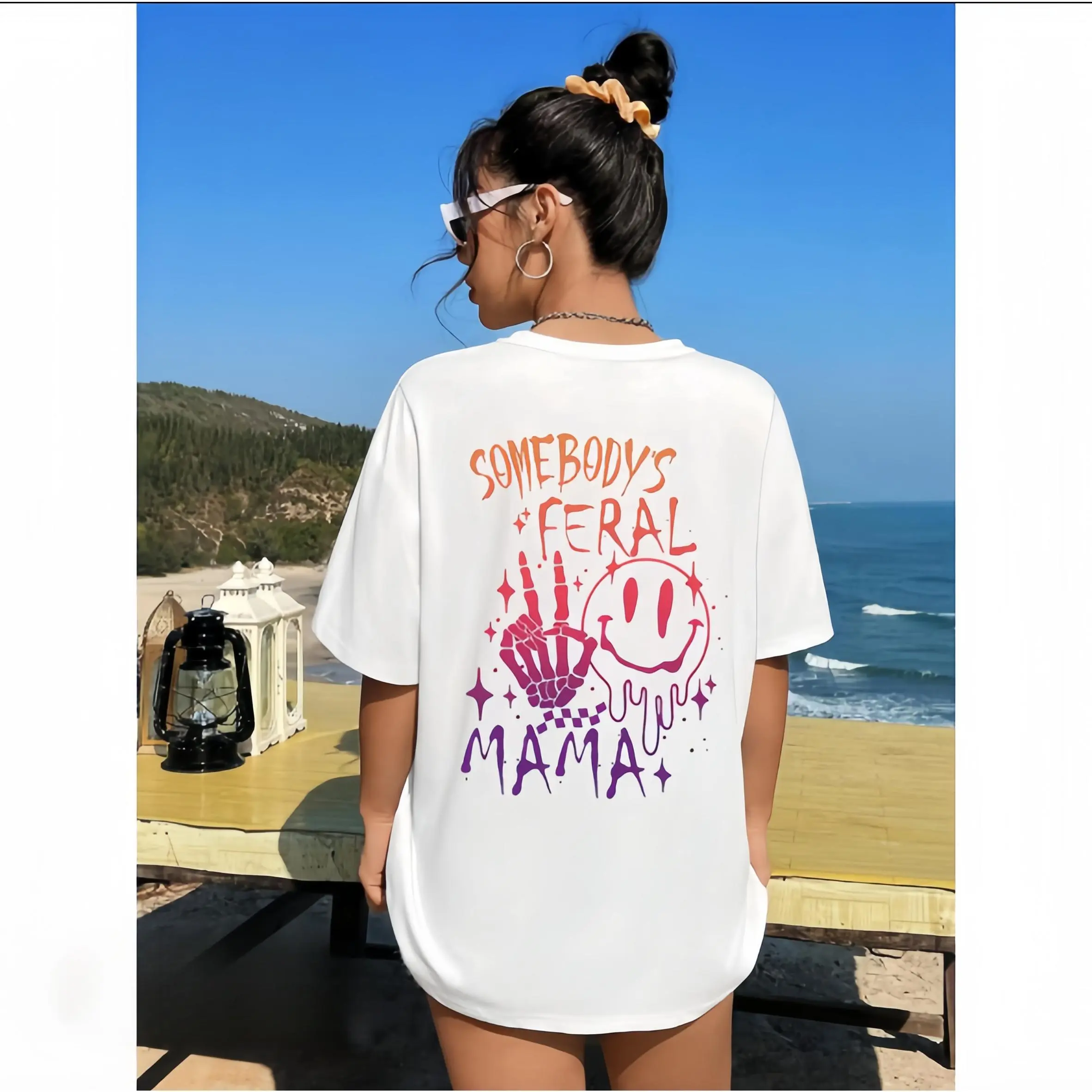 Ombre Purple Orange Slogan Print T-Shirt Somebody's Feral Mama Skeleton Hand Happy Face Women Casual Short Sleeve Top