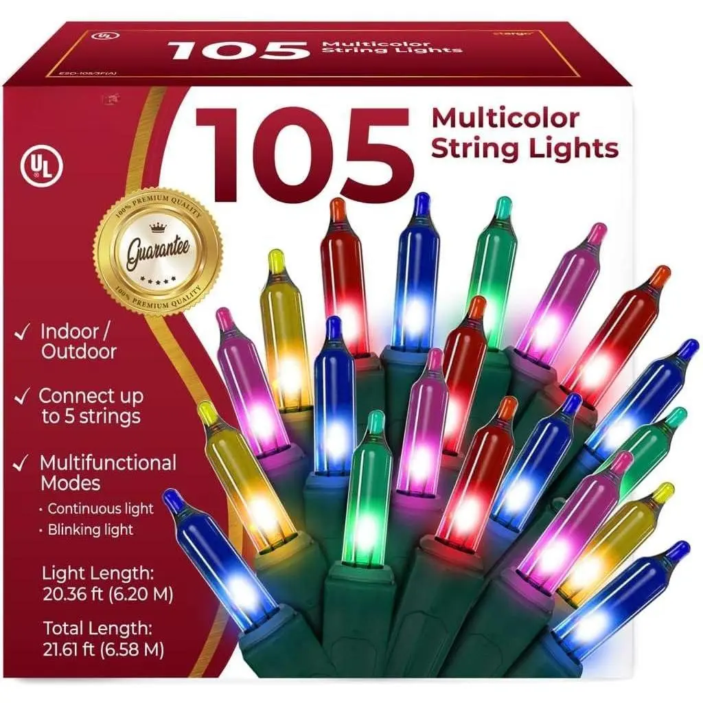 Warm Multi Color Christmas Lights - 20 ft String of 105 Incandescent Mini Bulbs Multifunctional Lighting Modes, for Decorative, Bedroom, Outdoor, Xmas Twinkle Tree Lights with Green Wire  21.6 ft