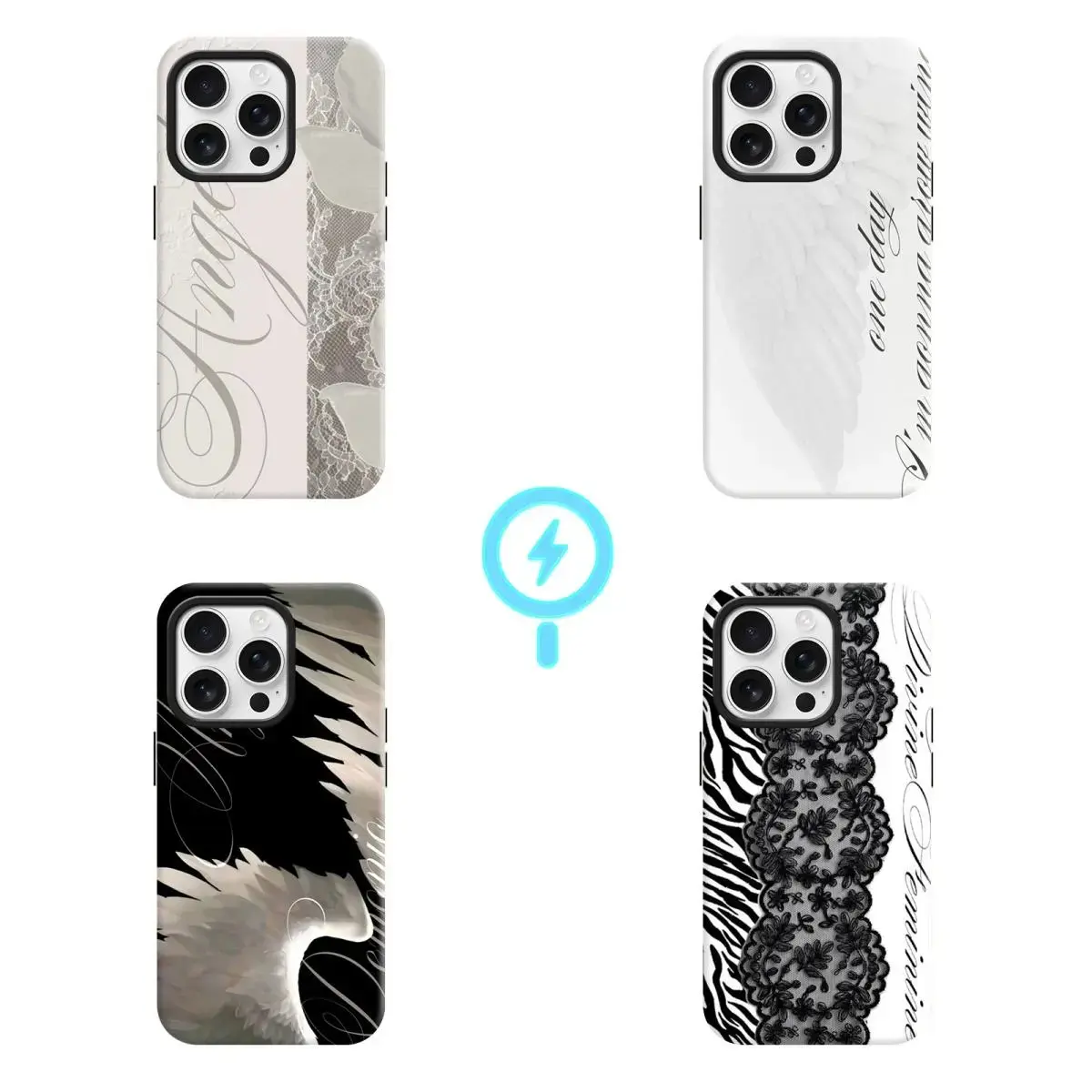 Angel Wing Lace Magnetic Charging Smartphone Case -  Korean-style protective case, beautiful and charming black and white print, suitable for iPhone 17 Pro Max 16 15 14 13 12, shockproof hard PC + soft TPU bumper, ultra-thin phone case, phone accessory