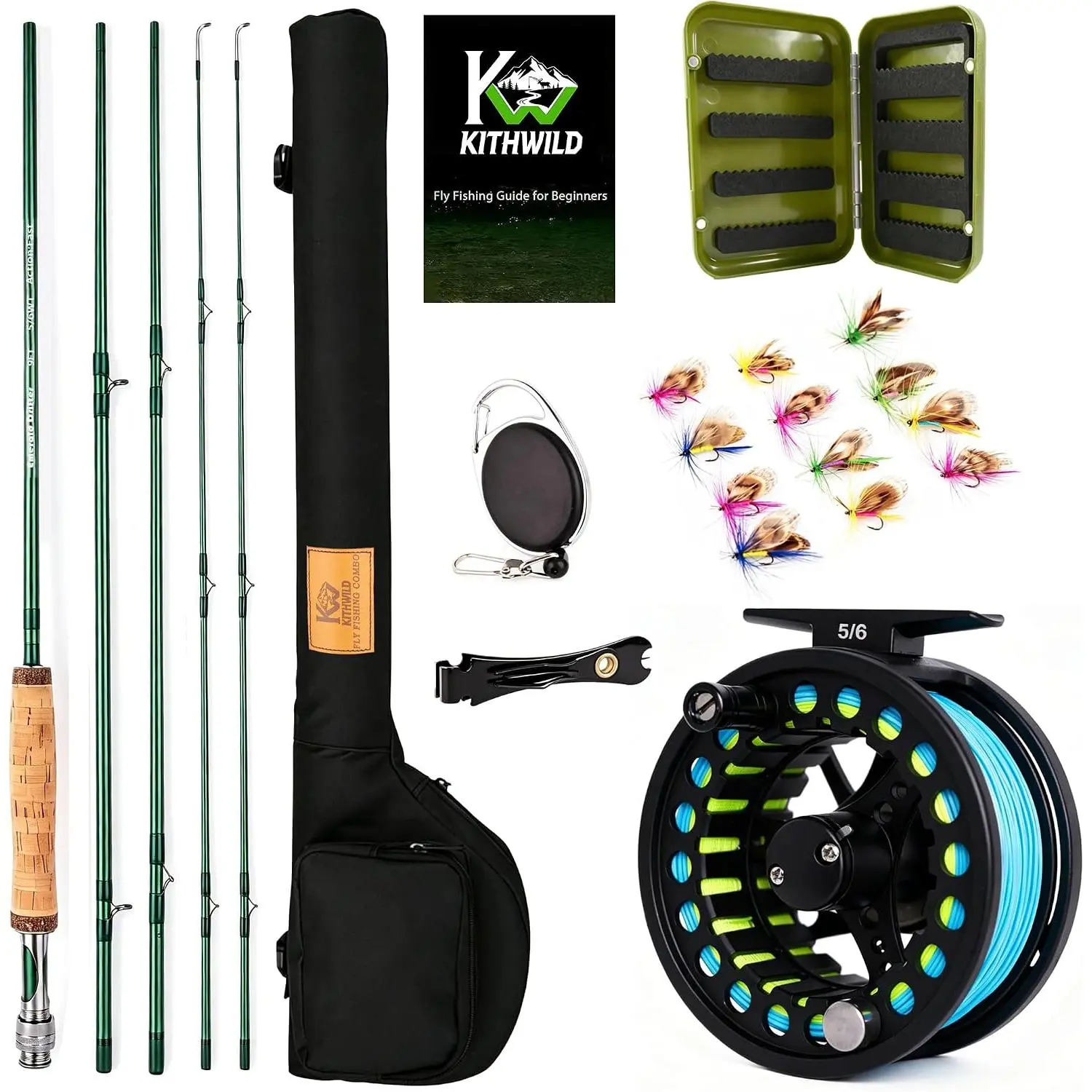 Fly Fishing Rod Combo, 4 count 5/6 Portable Fly Rod with Extra Tip, Pre- Fly Reel with Line Combo,Fly Box, Flies, Fly Fishing Complete Starter Package