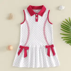 Baseball 12M-6T Sleeveless Polo Dress Polka Dot Print Stitch Detail Contrast Collar Button Placket Bow Waist Ruffle Hem Cotton Polyester Blend Summer Smoked Baby Girls Clothing