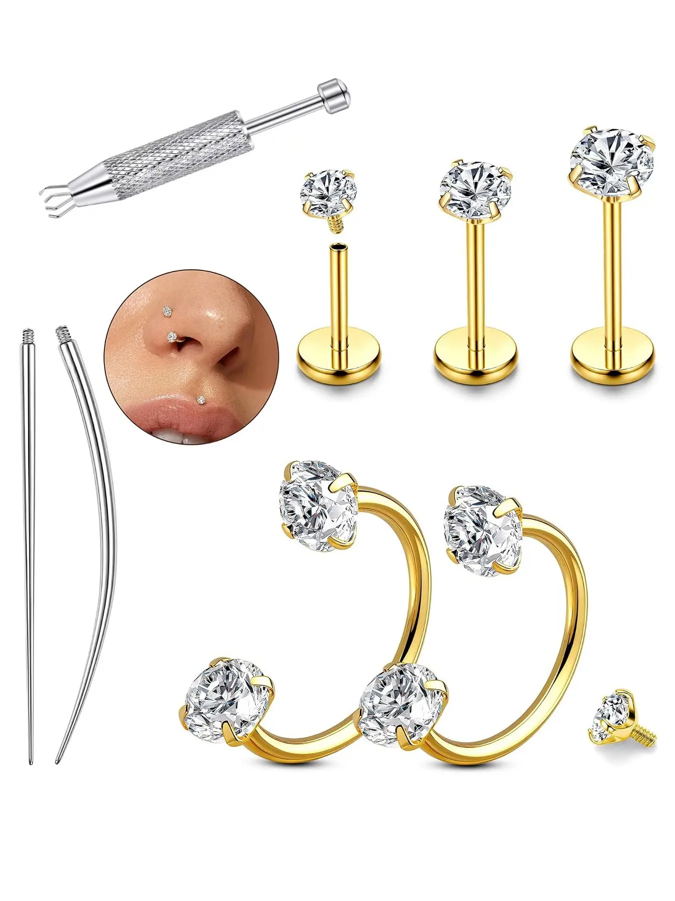 18G Horseshoe Nose Rings for Women Internally Threaded Flat Back Earrings Labret Stud Hypoallergenic Surgical Steel Double Gem Nose Rings with CZ Helix Tragus Septum Lip Nostril Piercing Jewelry Set