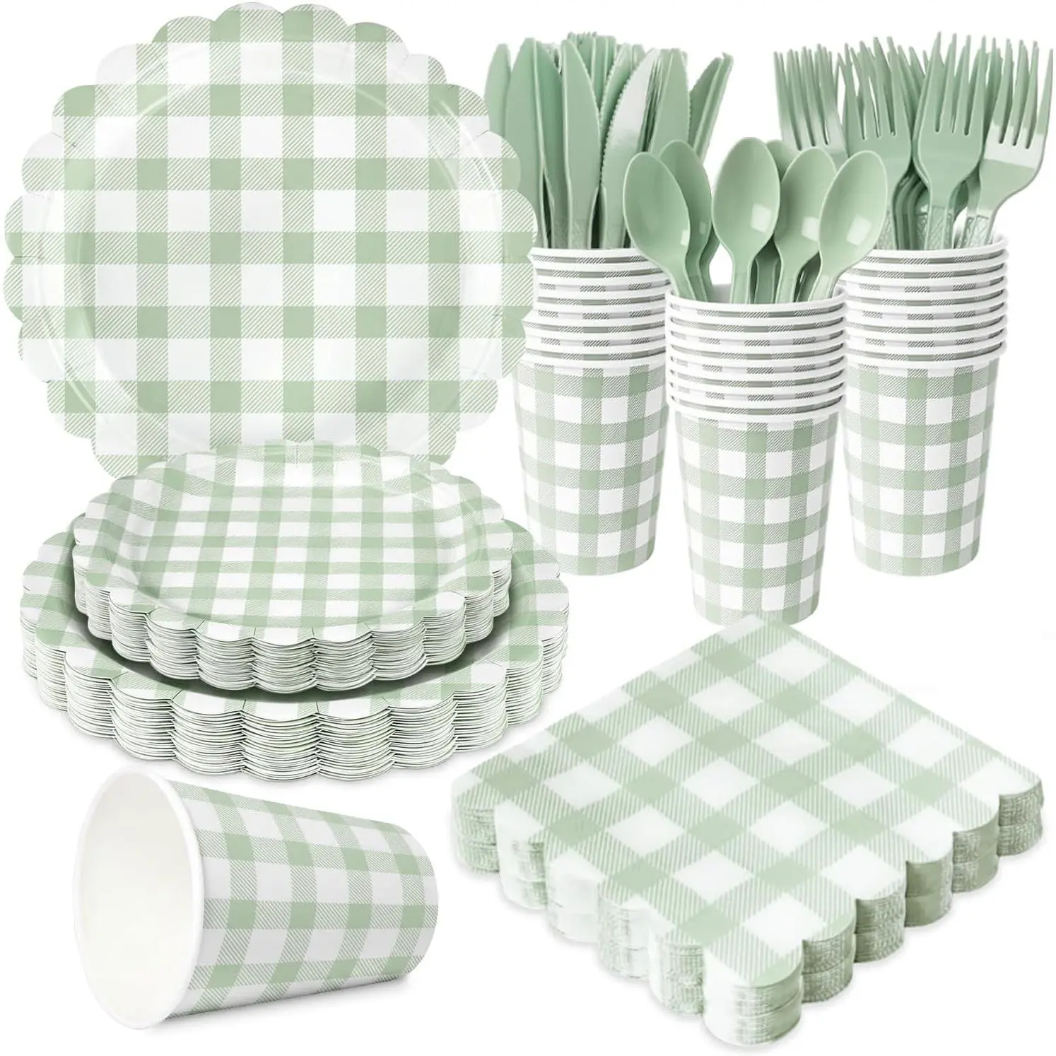 175 PCS Sage Green Gingham Party Supplies Set - Paper Plates, Cups, Napkins, Cutlery for Wedding, Bridal Shower, Birthday, Baby Shower, Serves 25Gift