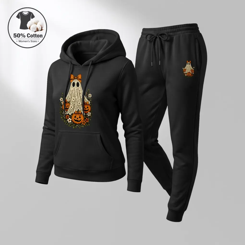 Women’s Halloween Cute Lace Ghost And Pumpkin Graphic Hoodie And Sweatpants Set, Casual Pullover Hoodie With Matching Jogger Pants, Soft Two Piece Tracksuit Outfit For Women, Relaxed Fit Lounge Wear, Streetwear, Travel And Daily Fashion
