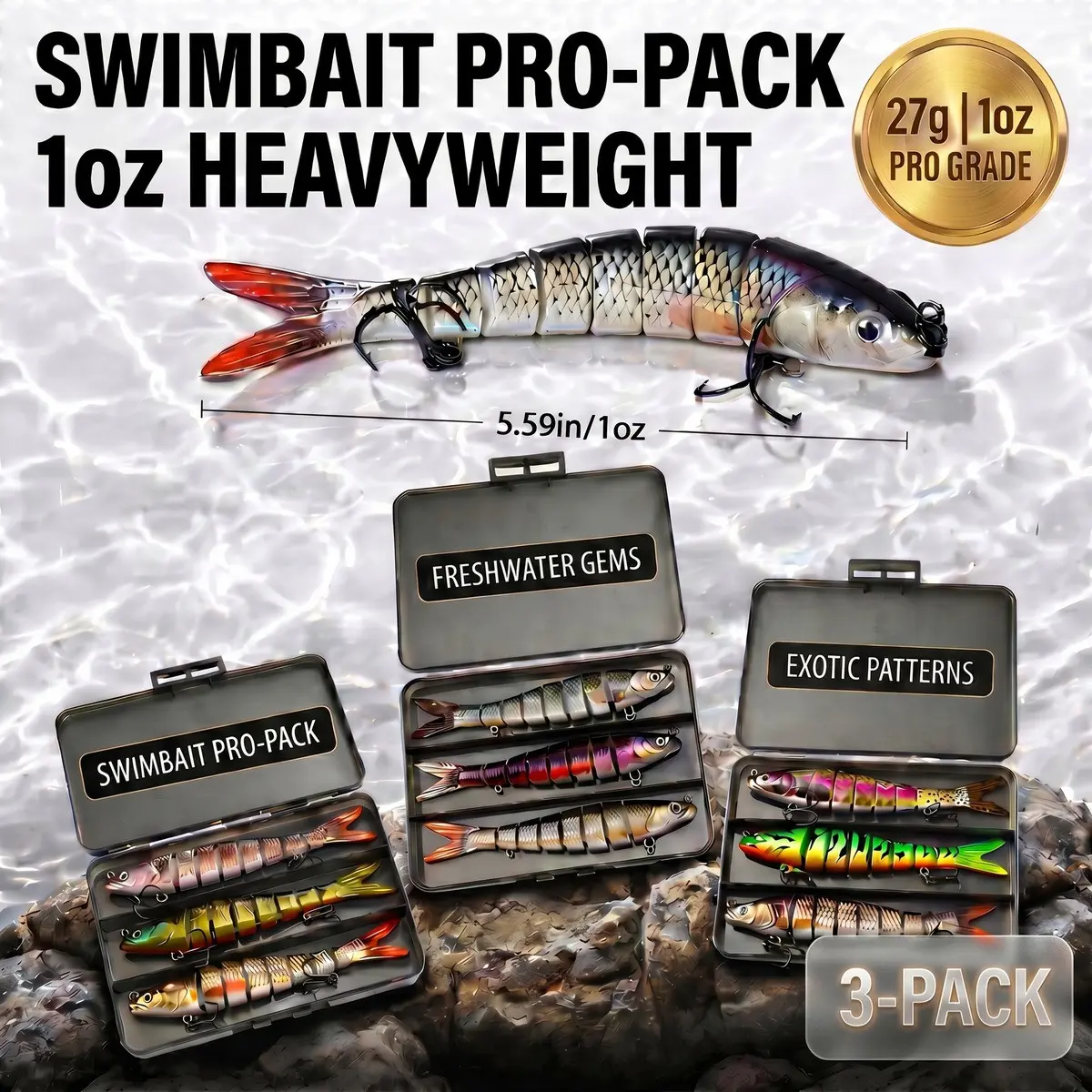 Heavy Duty Multi-Jointed Swimbaits Pack of 3 | 5.5in 1oz Sinking Swimbait Lures for Freshwater Saltwater with Case Artificial Fishing Lures