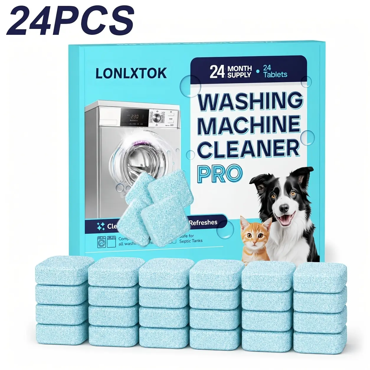 Washing Machine Cleaning Tablets Household Items - 12-Month Supply, Pet Owner-Focused Formula, Suitable for Front-Load & Top-Load Machines, Removes Residue & Grime Easily