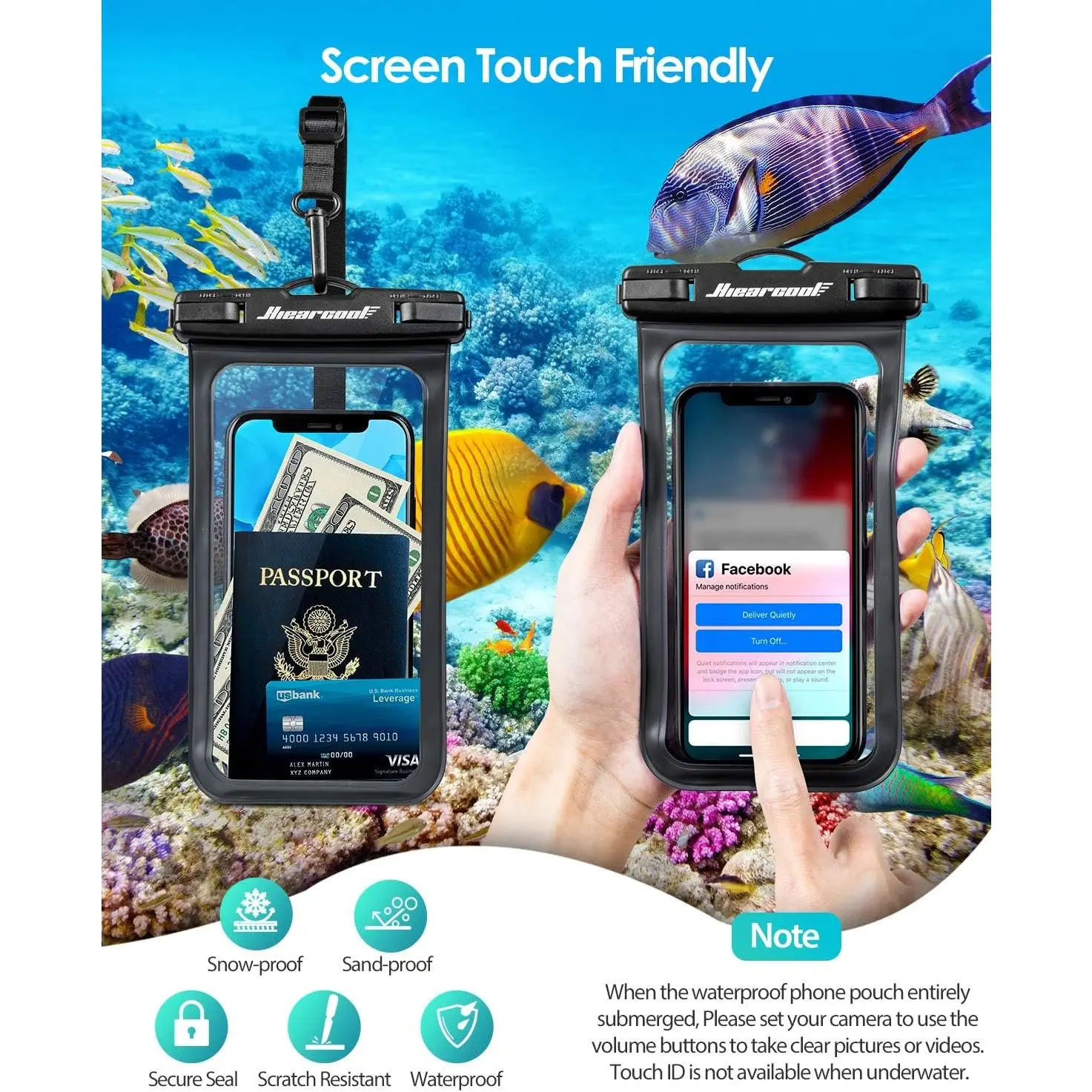 2 waterproof bags for mobile phones that can float, touch screen, take photos, IPX8 waterproof swimming, diving, camping, waterproof cover