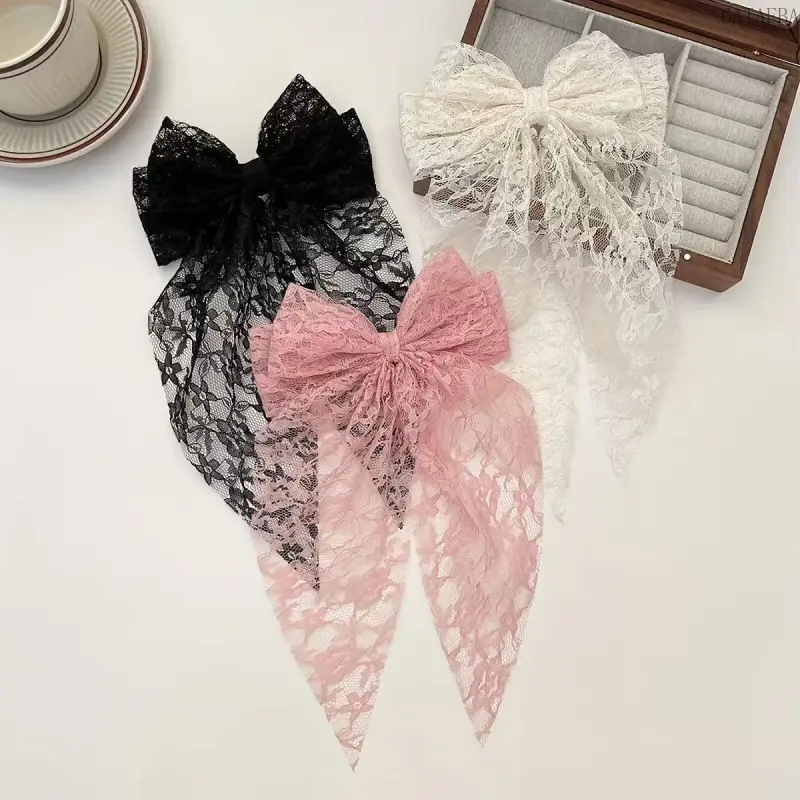 3pc Hollow Lace Double Bow Hair Clips, Long Streamer Spring Barrettes for Back Hair Styling Fashion Hair Accessories