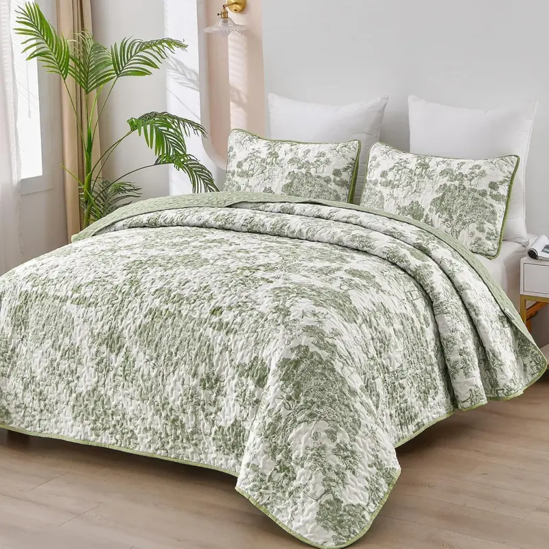 Botanical Quilt Set Queen Sage Green Floral Bedspread Soft Lightweight Microfiber Bedding 3 Piece Set
