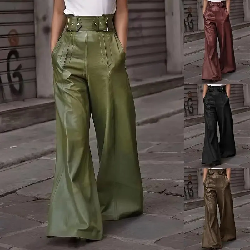 UOOZEE Women's High-Waist Wide-Leg Faux Leather Pants with Pockets and Pleats, Chic All-Seasons Basics for Going Out, Bottoms, Leather & Faux Leather