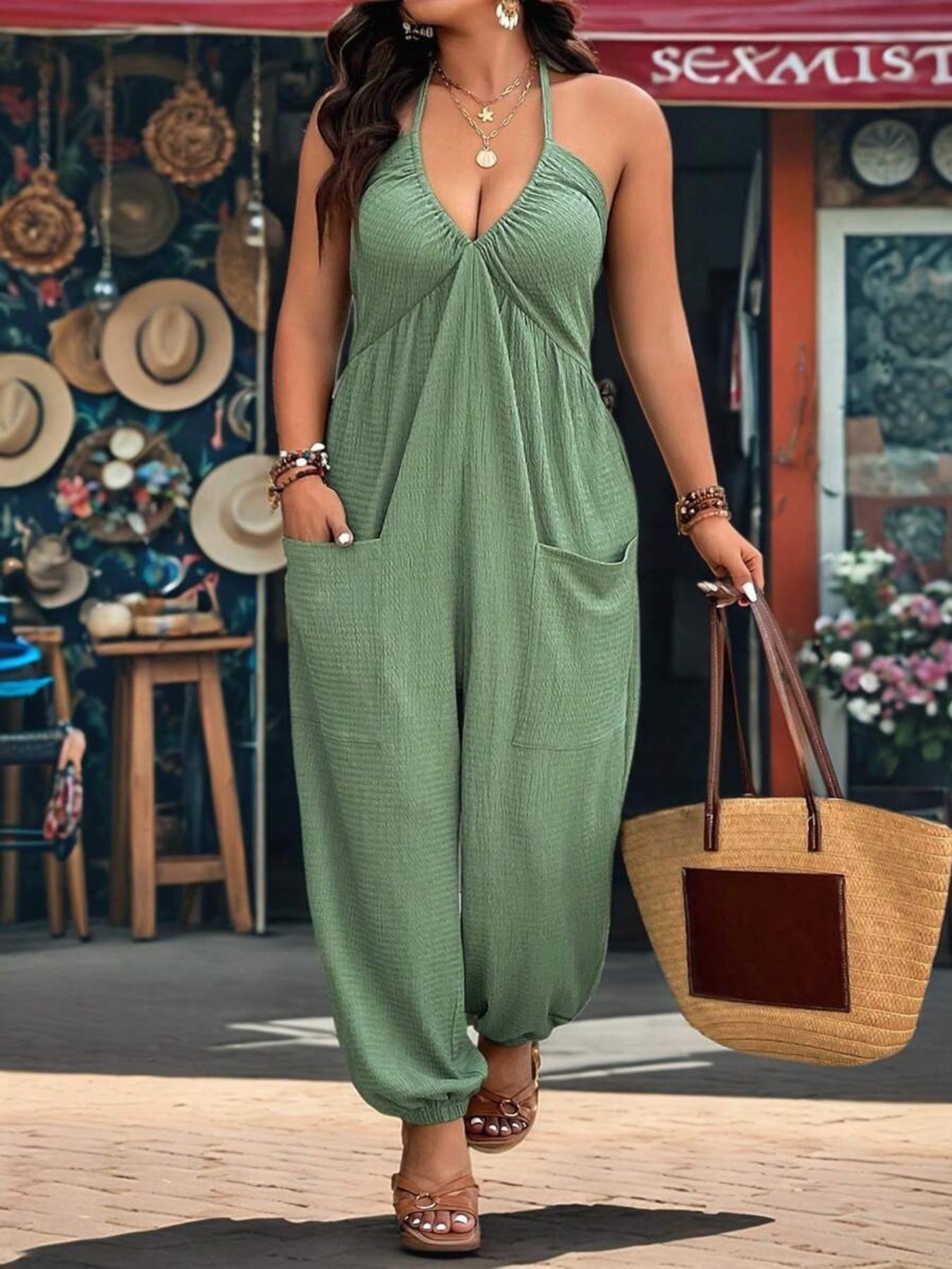 【Plus Size】 Solid Color Pocket Jumpsuit, Casual Sleeveless Jumpsuit for Daily Wear, Women's Plus Clothing for All Seasons, Womenswear 【Plus Size】 Solid Color Pocket Jumpsuit, Casual Sleeveless Jumpsuit for Daily Wear, Women's Plus Clothing for All Seasons, Womenswear