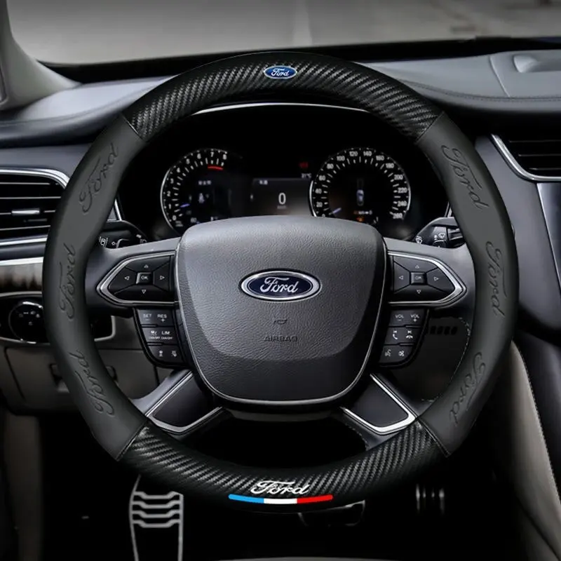 38cm Anti-Slip Car Carbon Fiber Leather Steering Wheel Cover For Ford Mondeo Focus Raptor Puma Edge Explorer Ecosport Ranger F150 Kuga Auto Accessories