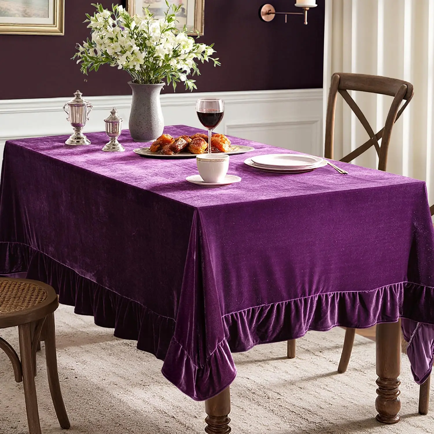 Purple Velvet Tablecloth - 60x84 Inch Rectangular Oblong Cover with Decorative Ruffle Edge, Luxurious Soft Thick Wrinkle Resistant, Washable with Beautiful Drape for Dining-Room Table, Cafes