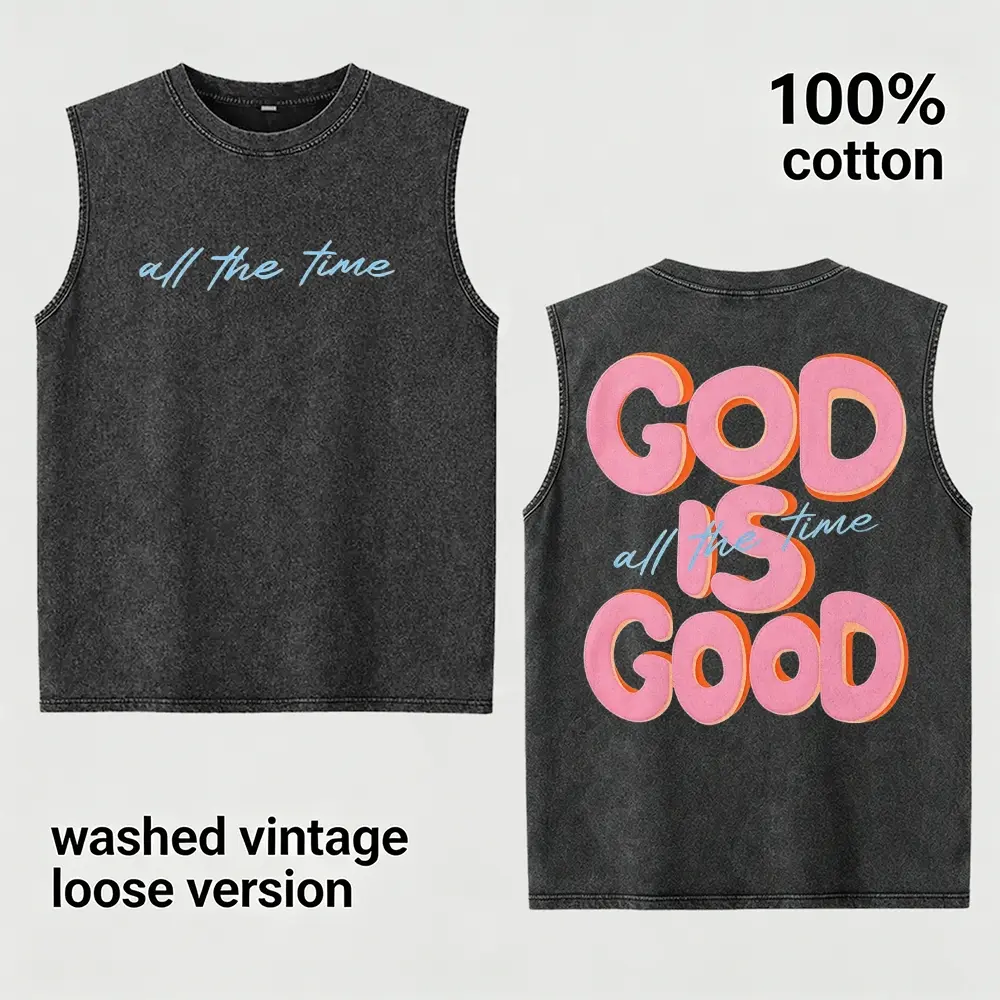 Men's Vintage Washed Tank Top God Is Good Graphic Muscle Shirt 100% Cotton Faith Christian Streetwear Sleeveless Tee
