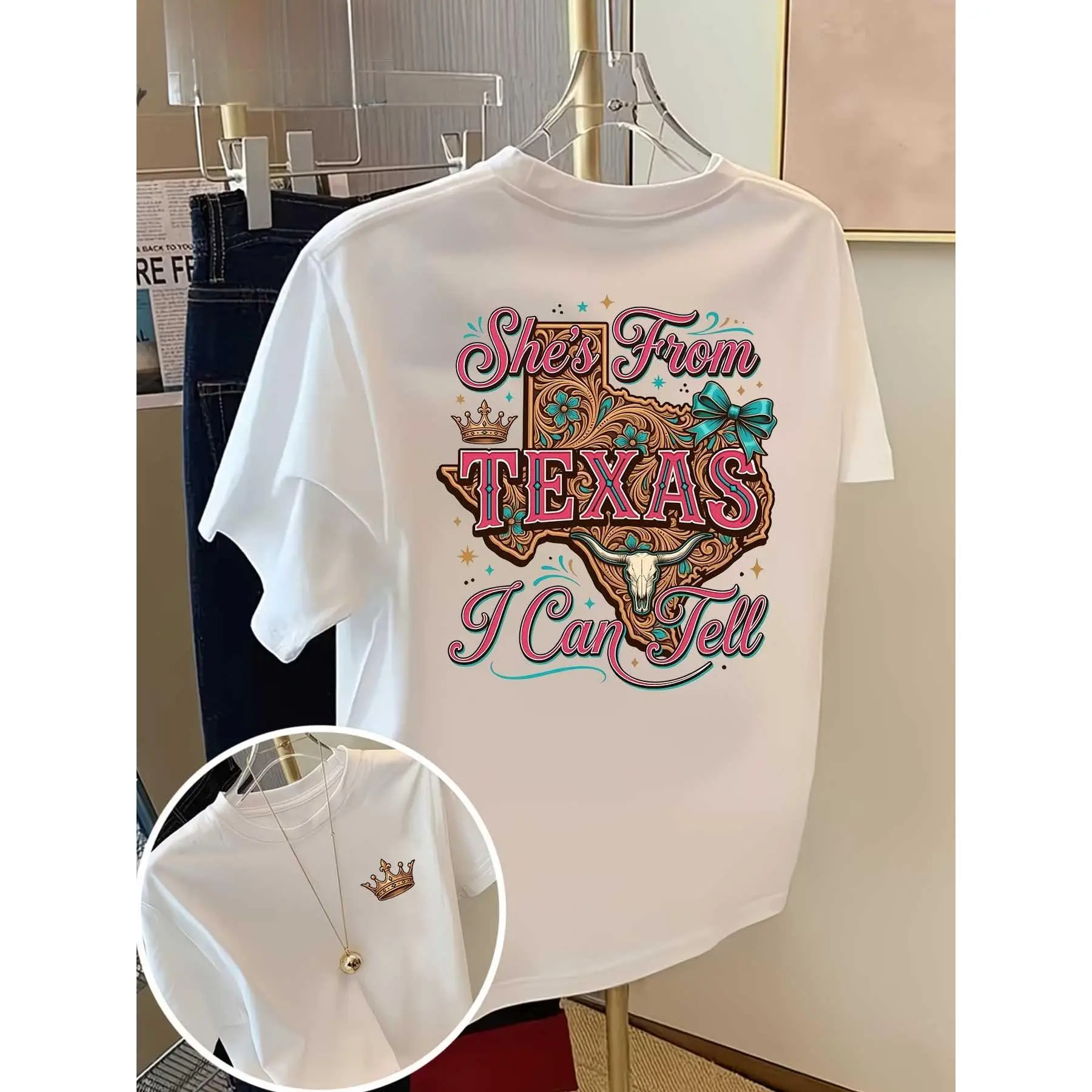 Casual Western Style Front And Back Print Short Sleeve T-Shirt She'S from Texas I Can Tell Design for Spring Summer Wear Gift for Texas Lovers And Cowgirl Fashion Enthusiasts,camisetas de mujeres,cotton graphic tees
